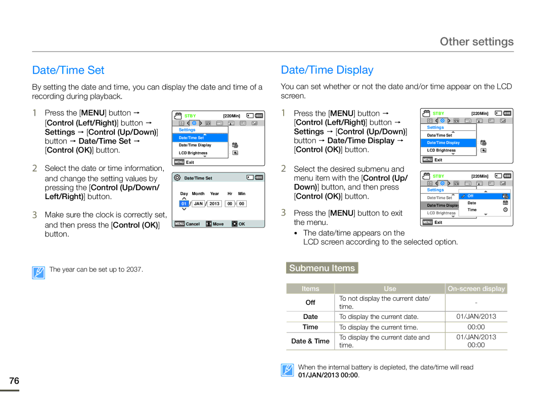 Samsung HMX-F90BP/MEA, HMX-F90BP/EDC, HMX-F900WP/EDC, HMX-F90WP/EDC manual Other settings, Date/Time Set Date/Time Display 