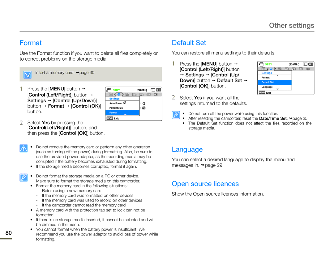 Samsung HMX-F900BP/EDC, HMX-F90BP/EDC, HMX-F900WP/EDC, HMX-F90WP/EDC manual Format Default Set, Language, Open source licences 