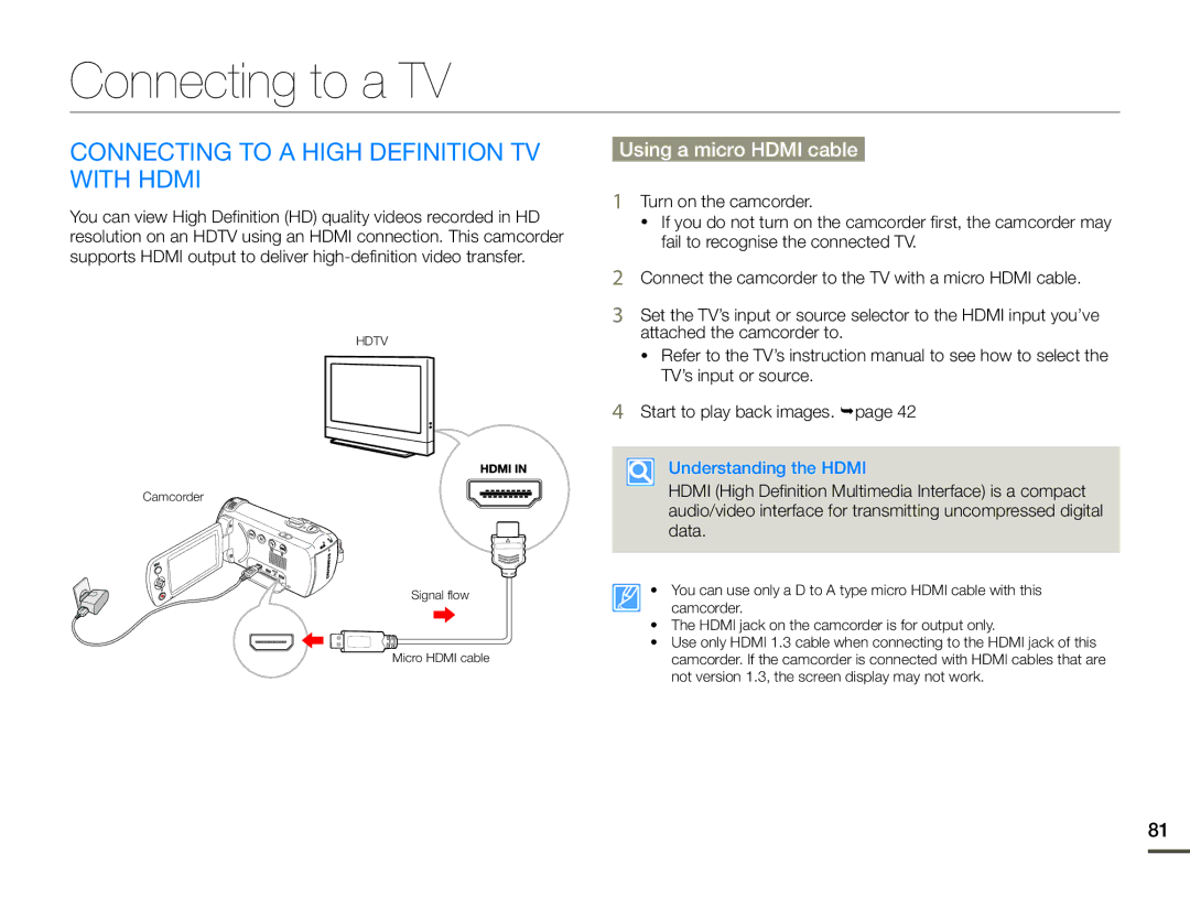 Samsung HMX-F90BP/XIL manual Connecting to a TV, Connecting to a high definition TV with Hdmi, Using a micro Hdmi cable 