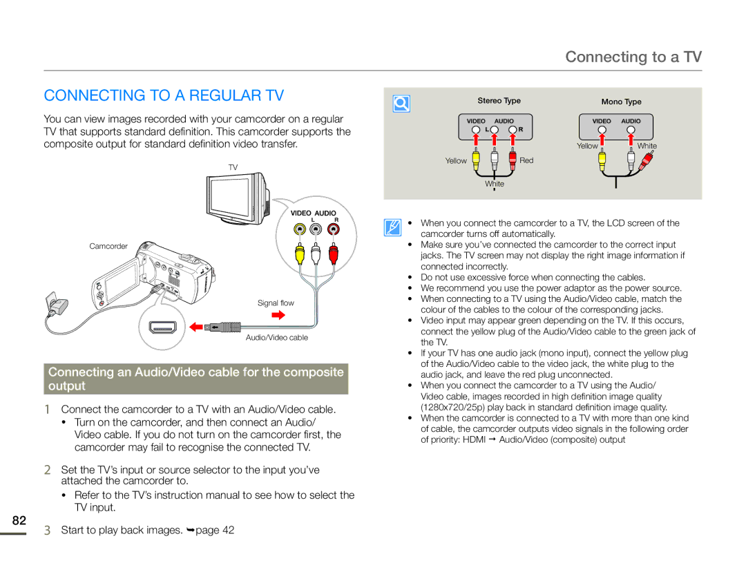 Samsung HMX-F90WP/XIL Connecting to a TV, Connecting to a Regular TV, Connecting an Audio/Video cable for the composite 