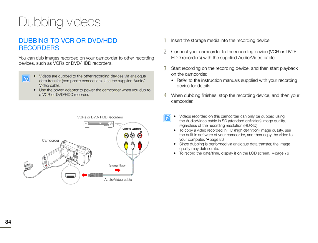 Samsung HMX-F90WP/XER, HMX-F90BP/EDC, HMX-F900WP/EDC, HMX-F90WP/EDC manual Dubbing videos, Dubbing to VCR or DVD/HDD Recorders 