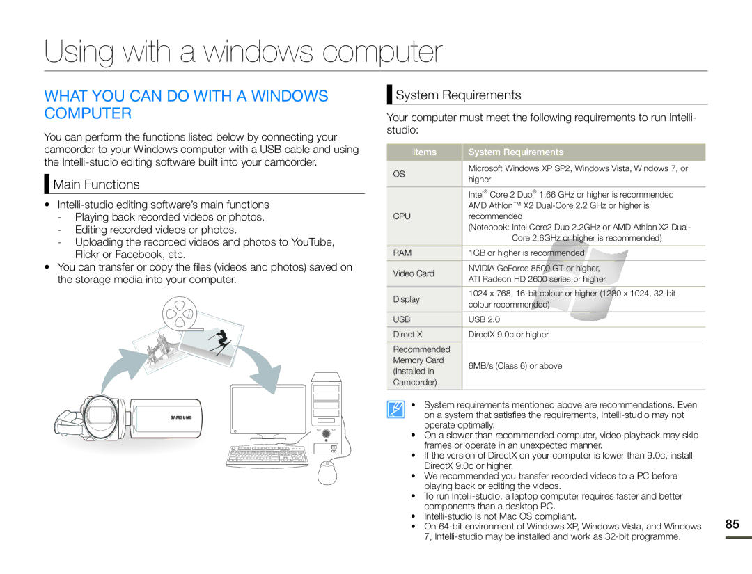 Samsung HMX-F90BP/XER manual Using with a windows computer, What YOU can do with a Windows Computer, Main Functions 