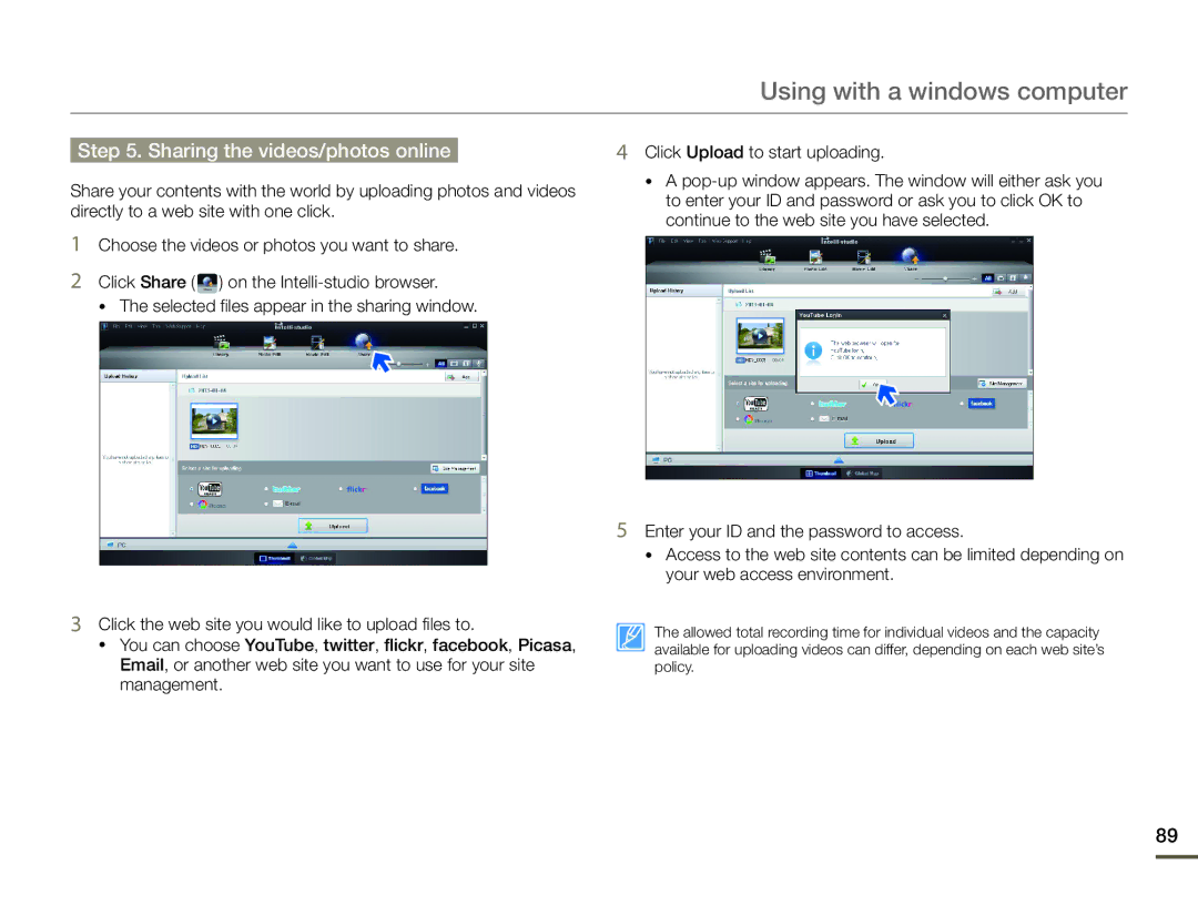 Samsung HMX-F900WP/EDC, HMX-F90BP/EDC, HMX-F90WP/EDC, HMX-F900BP/EDC, HMX-F90BP/XIL manual Sharing the videos/photos online 