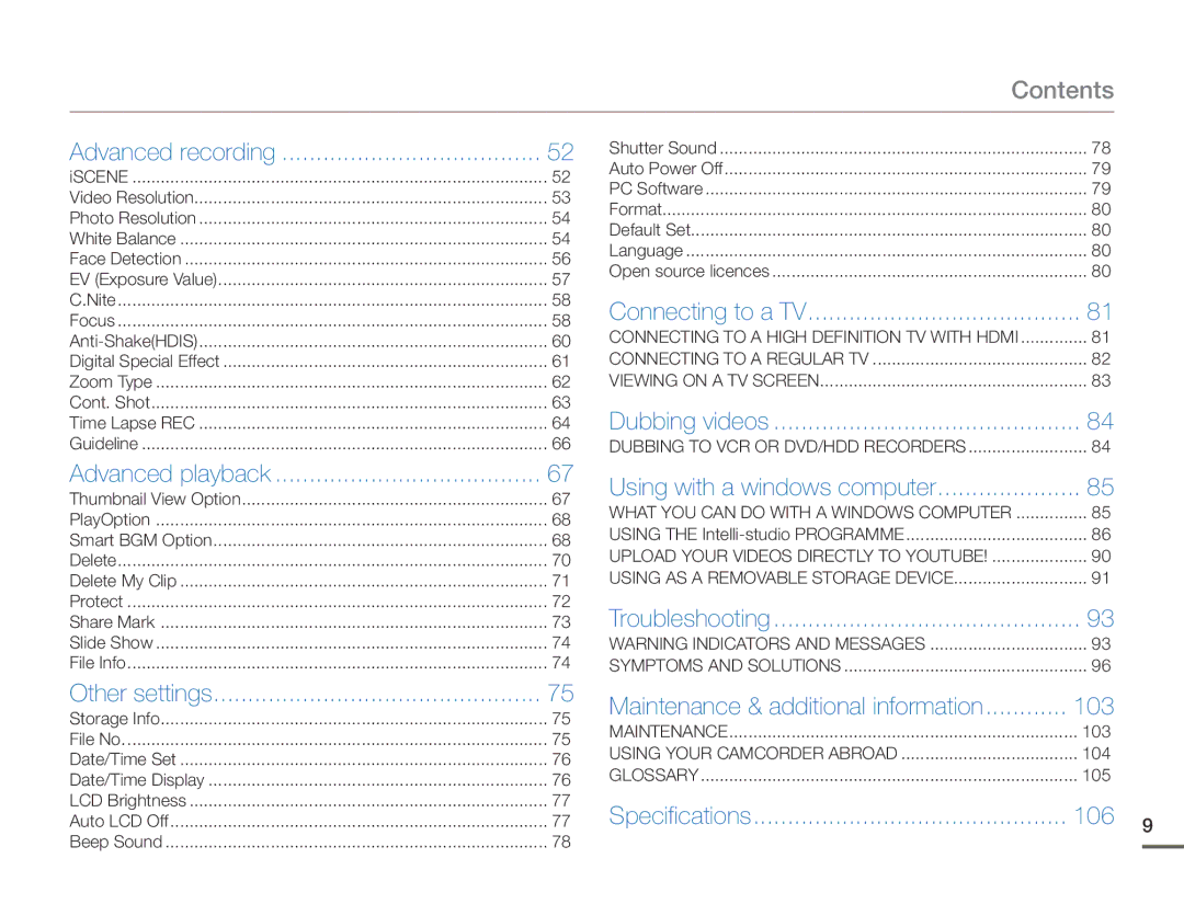 Samsung HMX-F90BP/XEK, HMX-F90BP/EDC, HMX-F900WP/EDC, HMX-F90WP/EDC, HMX-F900BP/EDC, HMX-F90BP/XIL, HMX-F90WP/XIL manual Contents 