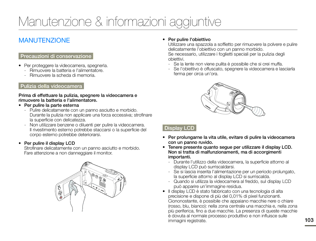 Samsung HMX-F90WP/EDC Manutenzione & informazioni aggiuntive, Precauzioni di conservazione, Pulizia della videocamera 