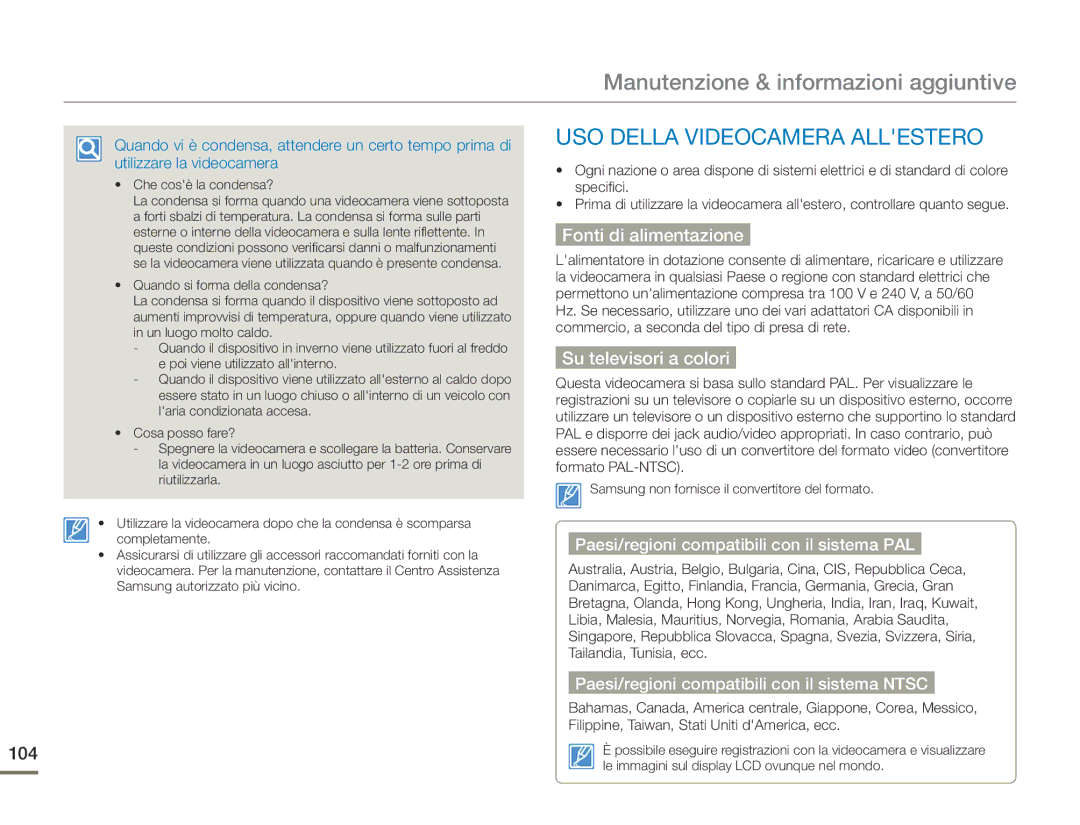 Samsung HMX-F90BP/EDC Manutenzione & informazioni aggiuntive, USO Della Videocamera Allestero, Fonti di alimentazione, 104 