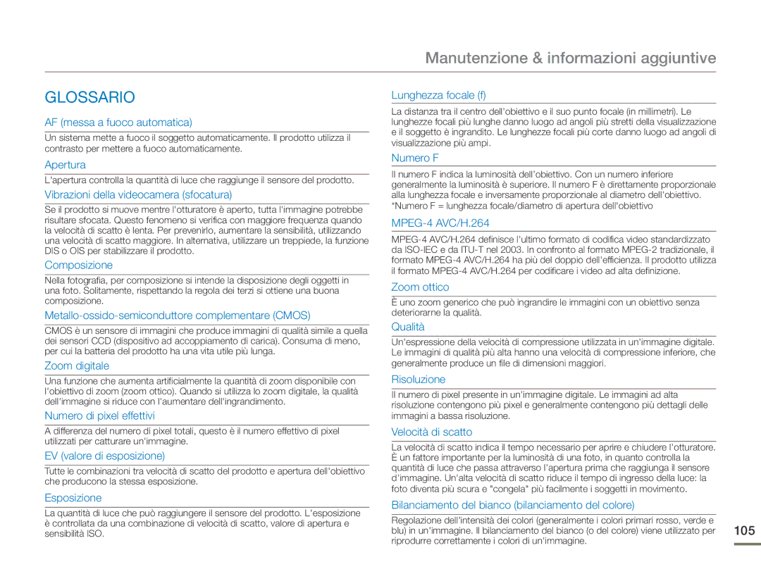 Samsung HMX-F90WP/EDC, HMX-F90BP/EDC manual Glossario 