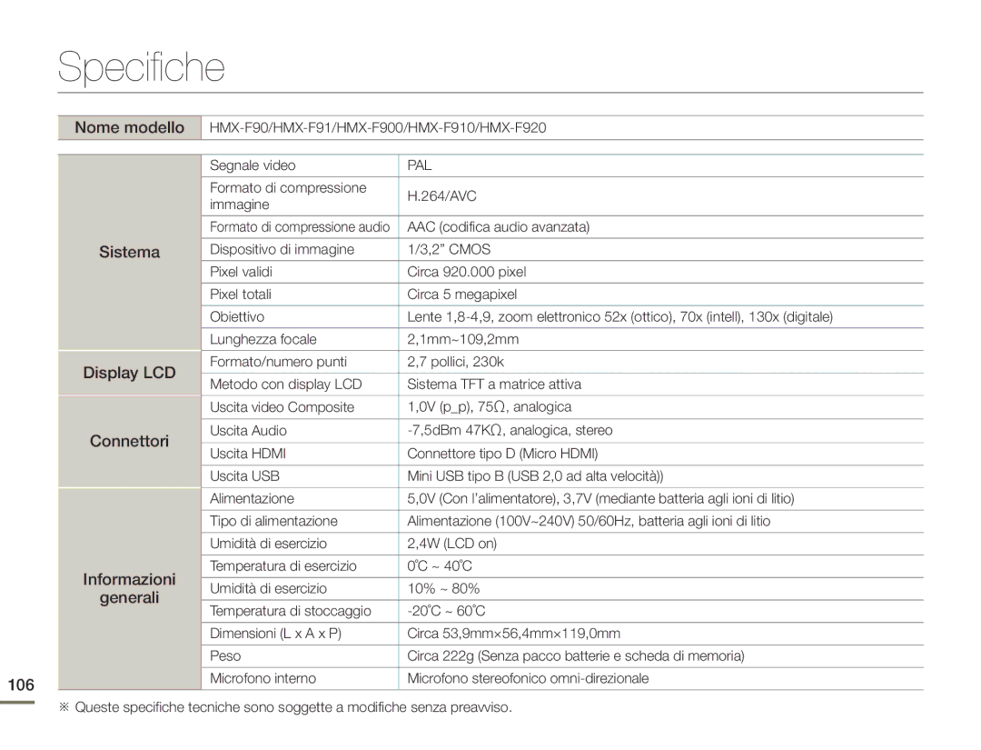 Samsung HMX-F90BP/EDC, HMX-F90WP/EDC manual Specifiche, Sistema Display LCD Connettori Informazioni Generali 