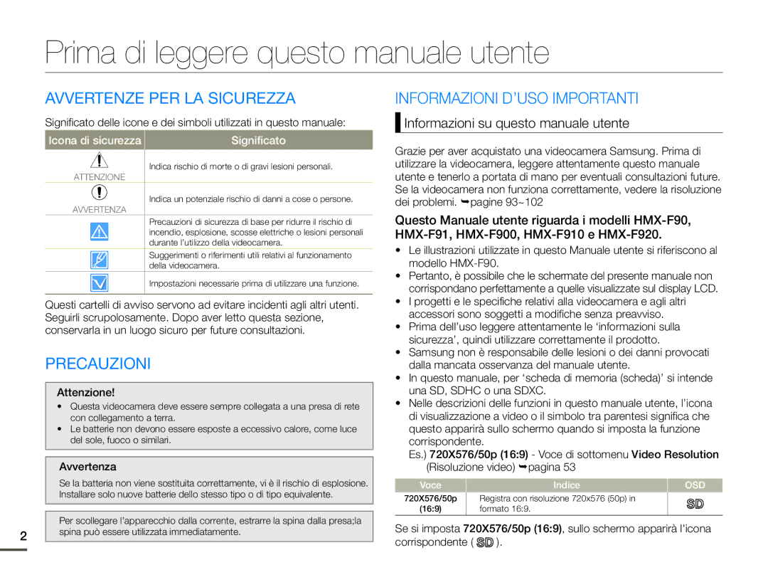 Samsung HMX-F90BP/EDC, HMX-F90WP/EDC Prima di leggere questo manuale utente, Avvertenze PER LA Sicurezza, Precauzioni 