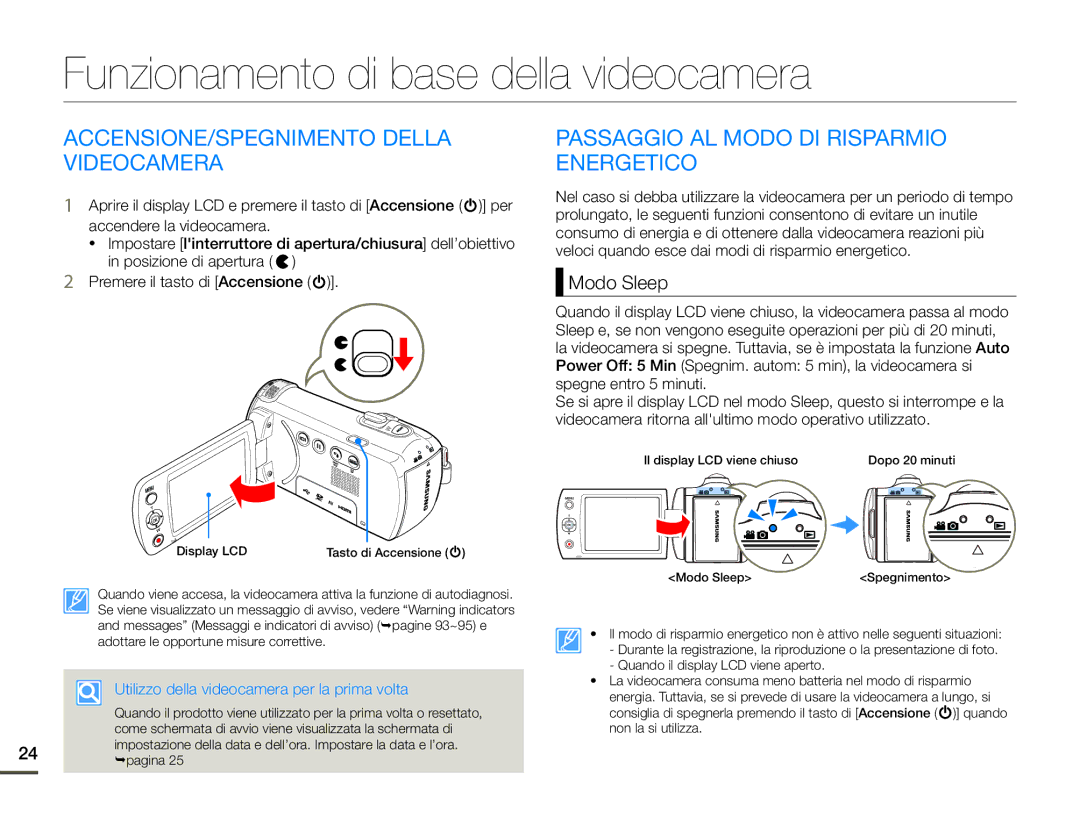 Samsung HMX-F90BP/EDC manual Funzionamento di base della videocamera, ACCENSIONE/SPEGNIMENTO Della Videocamera, Modo Sleep 