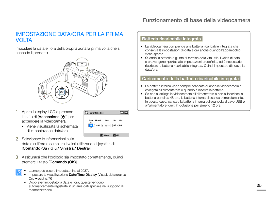 Samsung HMX-F90WP/EDC, HMX-F90BP/EDC Funzionamento di base della videocamera, Impostazione DATA/ORA PER LA Prima Volta 