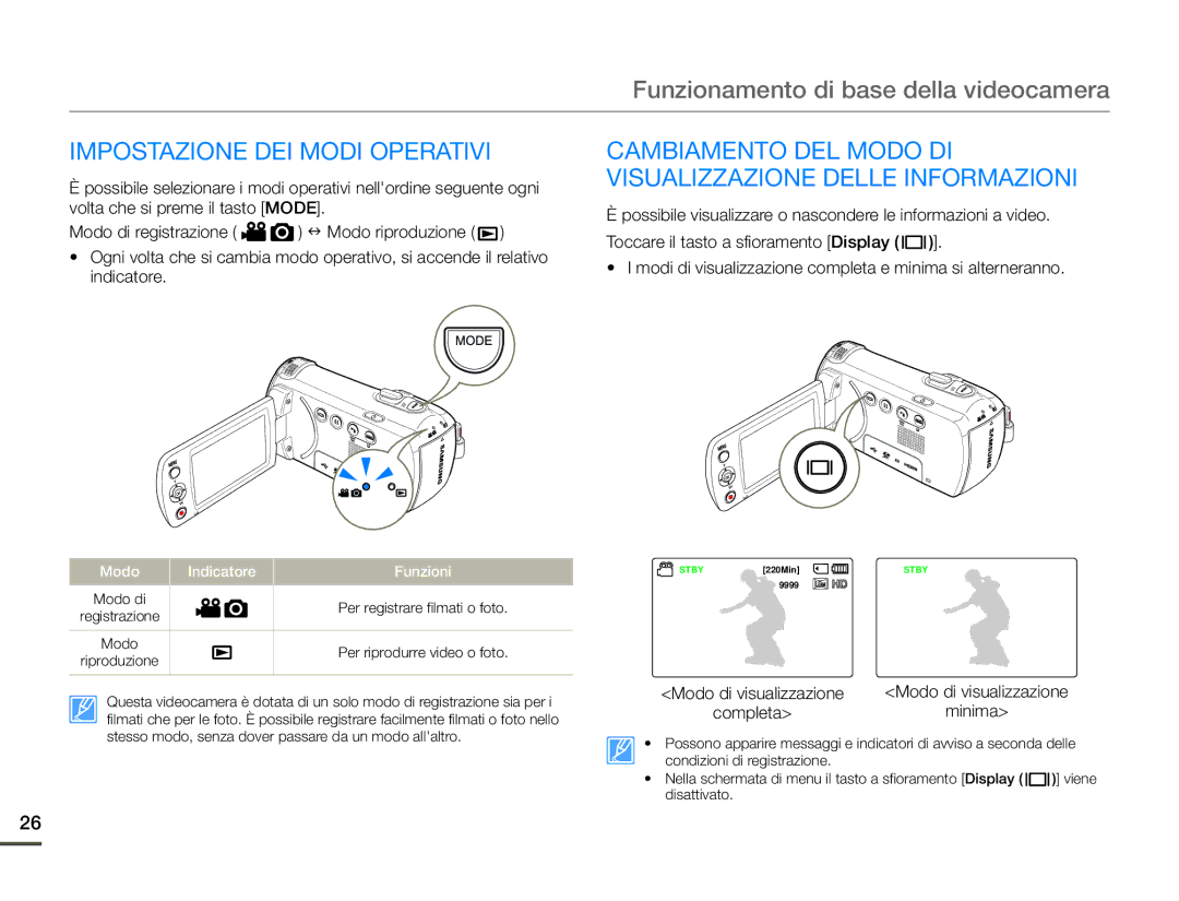 Samsung HMX-F90BP/EDC manual Impostazione DEI Modi Operativi, Cambiamento DEL Modo DI Visualizzazione Delle Informazioni 