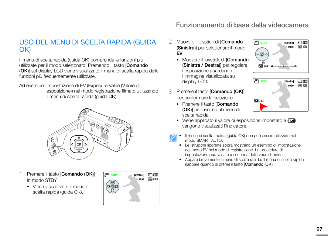 Samsung HMX-F90WP/EDC, HMX-F90BP/EDC manual USO DEL Menu DI Scelta Rapida Guida 2 OK, Modo Stby 