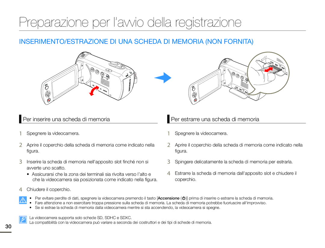 Samsung HMX-F90BP/EDC, HMX-F90WP/EDC manual Preparazione per l’avvio della registrazione, Per inserire una scheda di memoria 