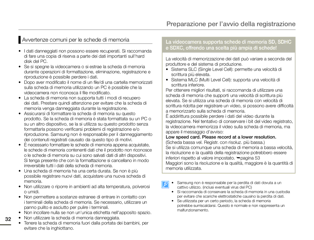 Samsung HMX-F90BP/EDC, HMX-F90WP/EDC manual Avvertenze comuni per le schede di memoria 