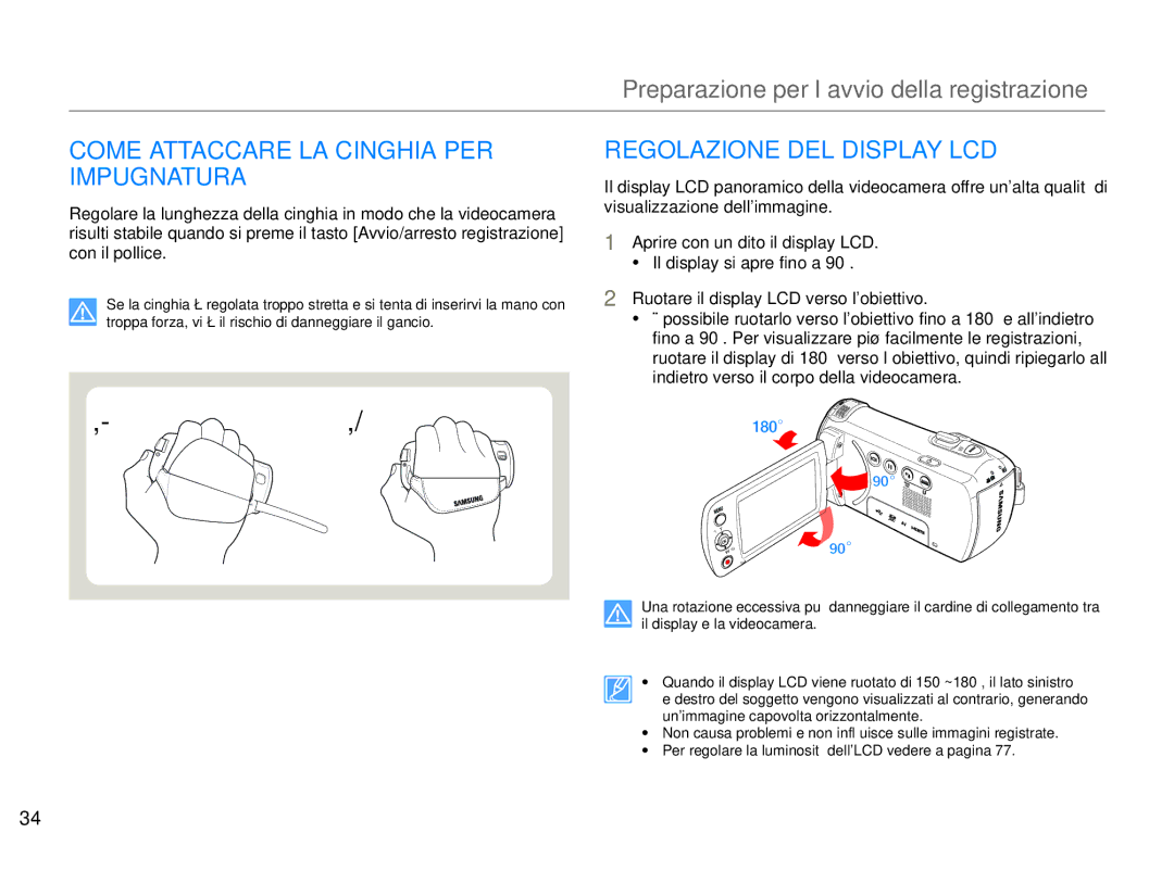 Samsung HMX-F90BP/EDC, HMX-F90WP/EDC manual Come Attaccare LA Cinghia PER Impugnatura, Regolazione DEL Display LCD 