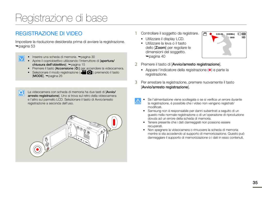 Samsung HMX-F90WP/EDC, HMX-F90BP/EDC manual Registrazione di base, Registrazione DI Video 