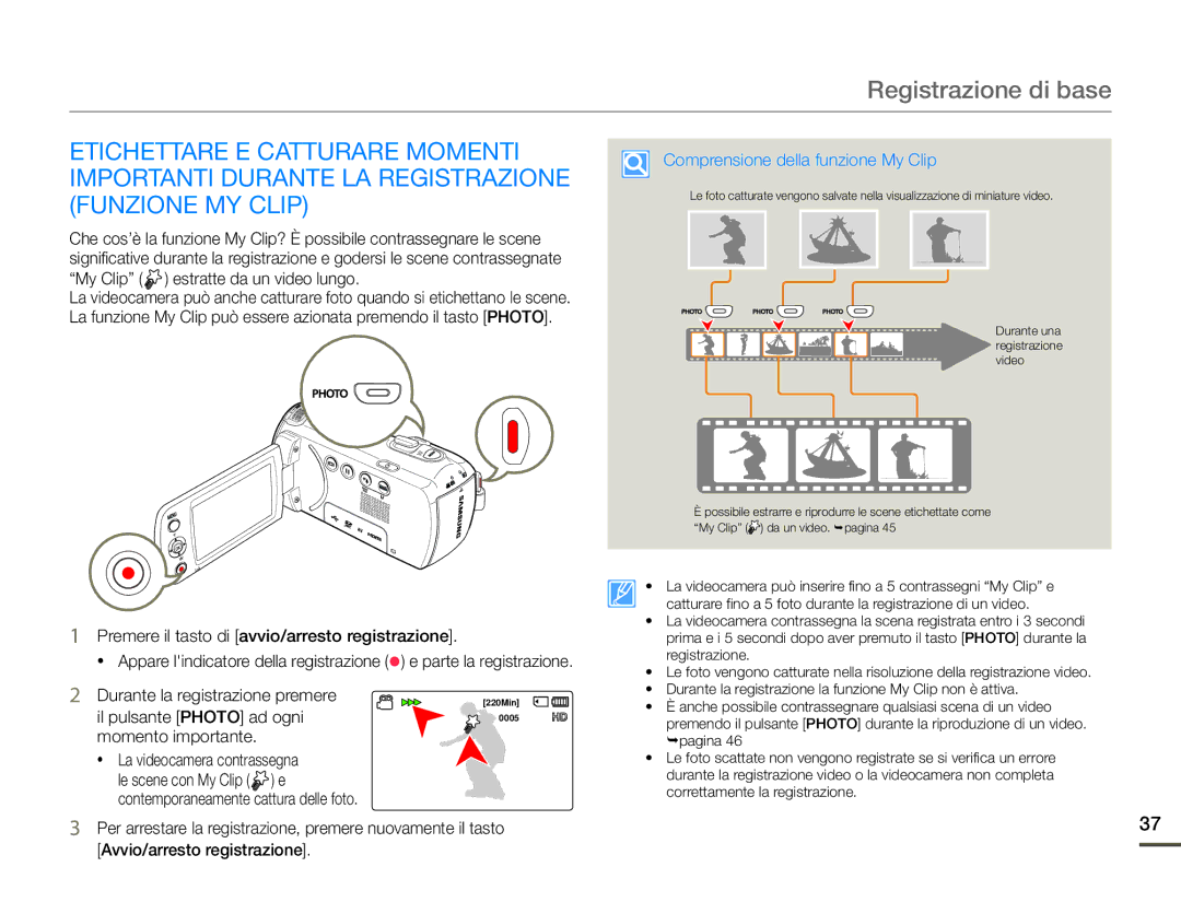 Samsung HMX-F90WP/EDC, HMX-F90BP/EDC manual Momento importante, Comprensione della funzione My Clip 