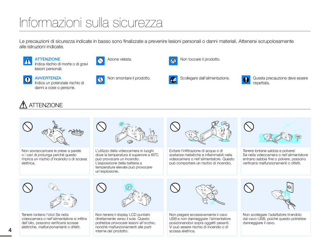 Samsung HMX-F90BP/EDC, HMX-F90WP/EDC manual Informazioni sulla sicurezza, Attenzione 