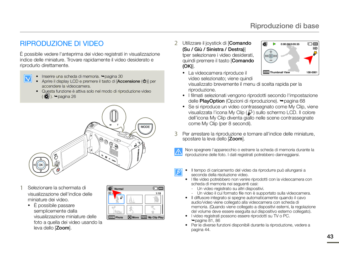 Samsung HMX-F90WP/EDC, HMX-F90BP/EDC manual Riproduzione di base, Riproduzione DI Video 