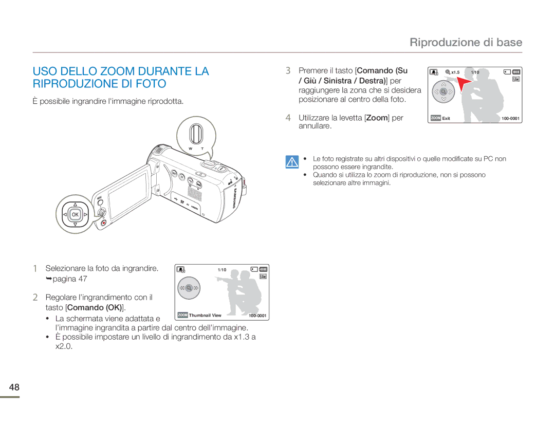 Samsung HMX-F90BP/EDC manual USO Dello Zoom Durante LA Riproduzione DI Foto, Possibile ingrandire limmagine riprodotta 