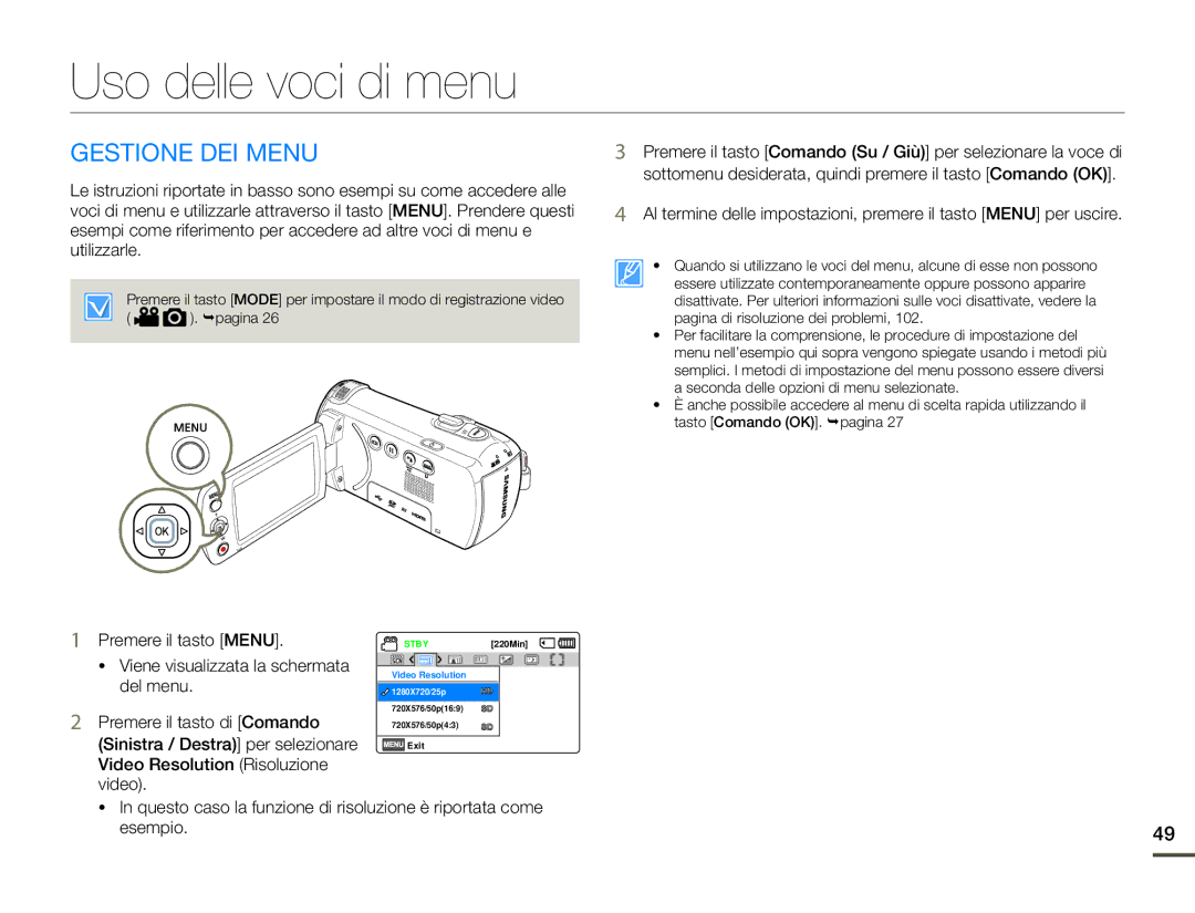 Samsung HMX-F90WP/EDC, HMX-F90BP/EDC manual Uso delle voci di menu, Gestione DEI Menu 