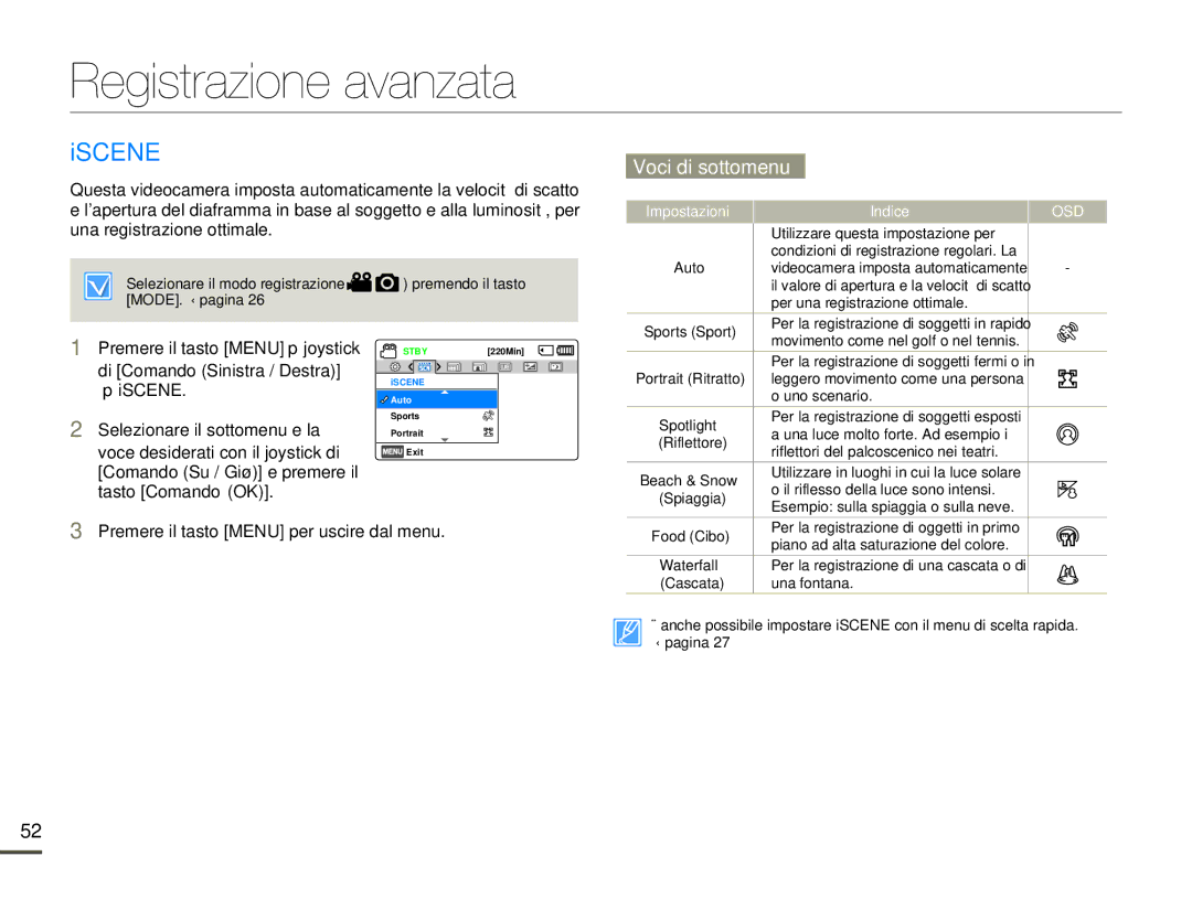 Samsung HMX-F90BP/EDC, HMX-F90WP/EDC manual Registrazione avanzata, Iscene, Voci di sottomenu 