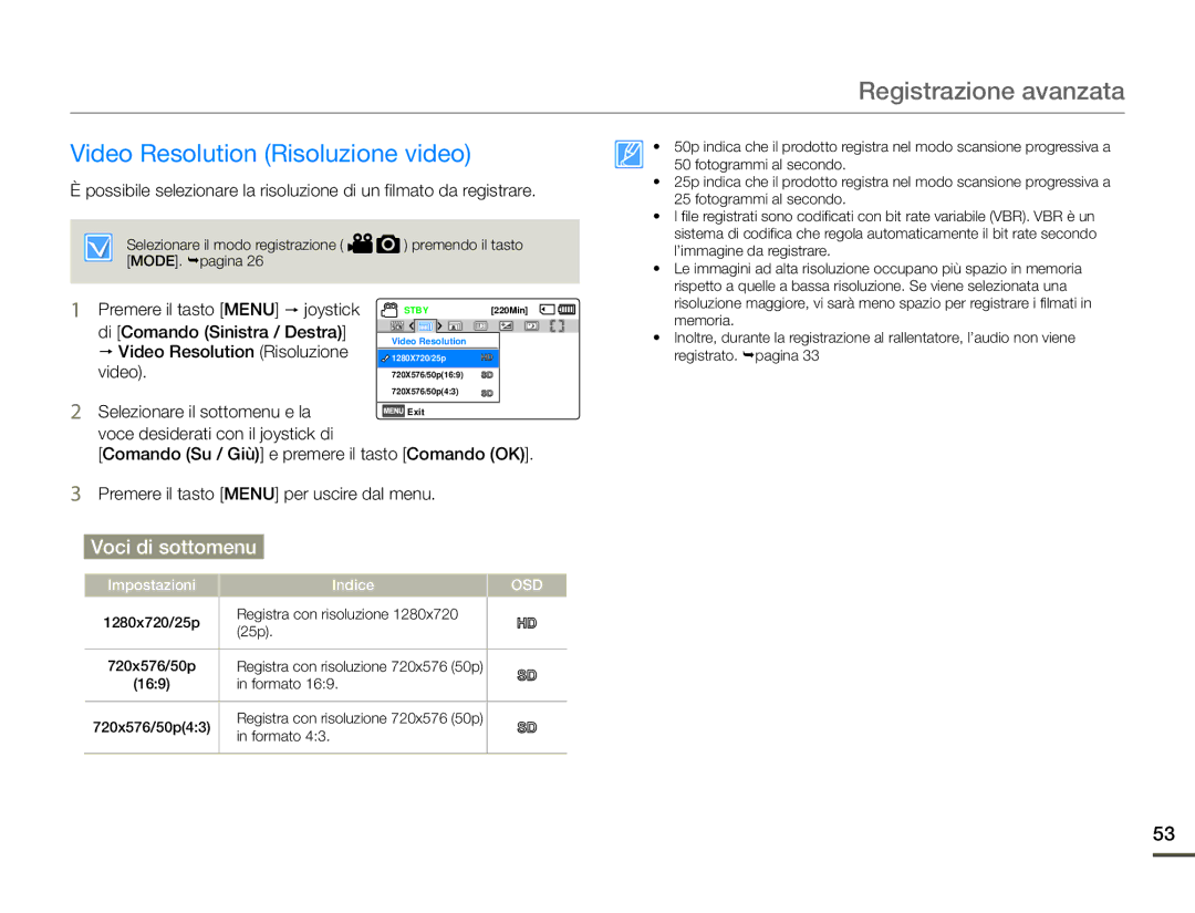 Samsung HMX-F90WP/EDC, HMX-F90BP/EDC manual Registrazione avanzata, Video Resolution Risoluzione video 