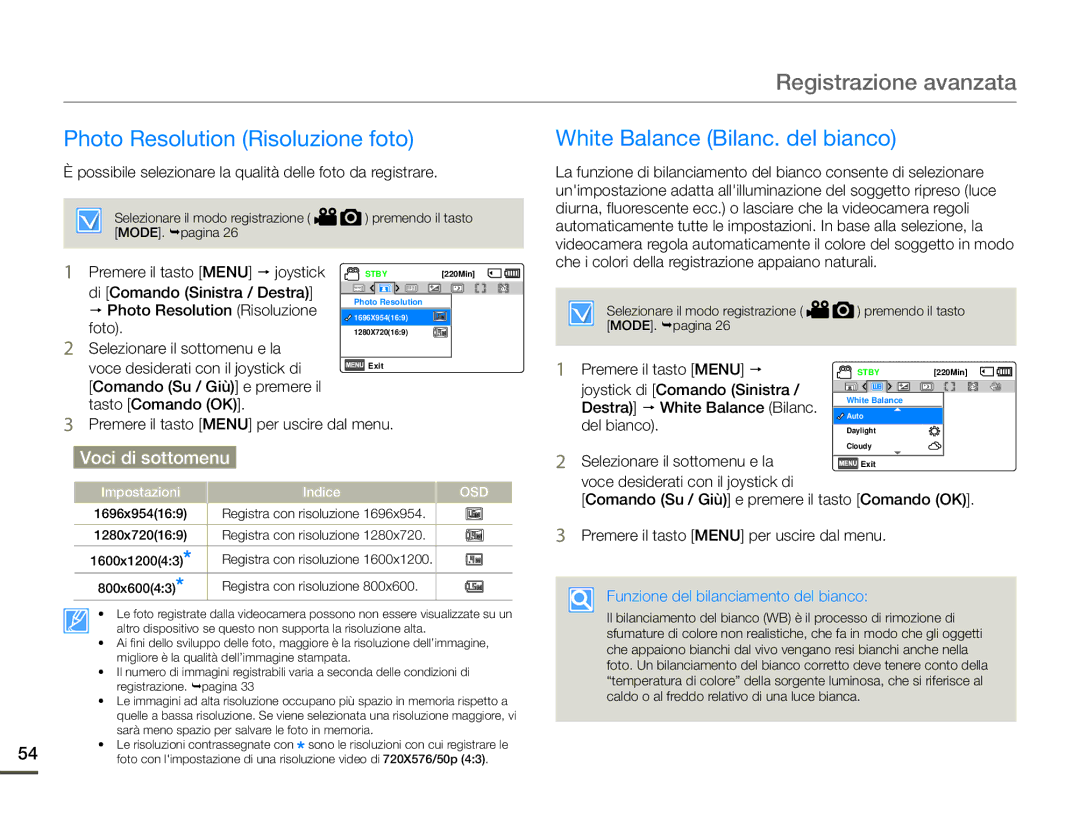 Samsung HMX-F90BP/EDC Possibile selezionare la qualità delle foto da registrare, Funzione del bilanciamento del bianco 