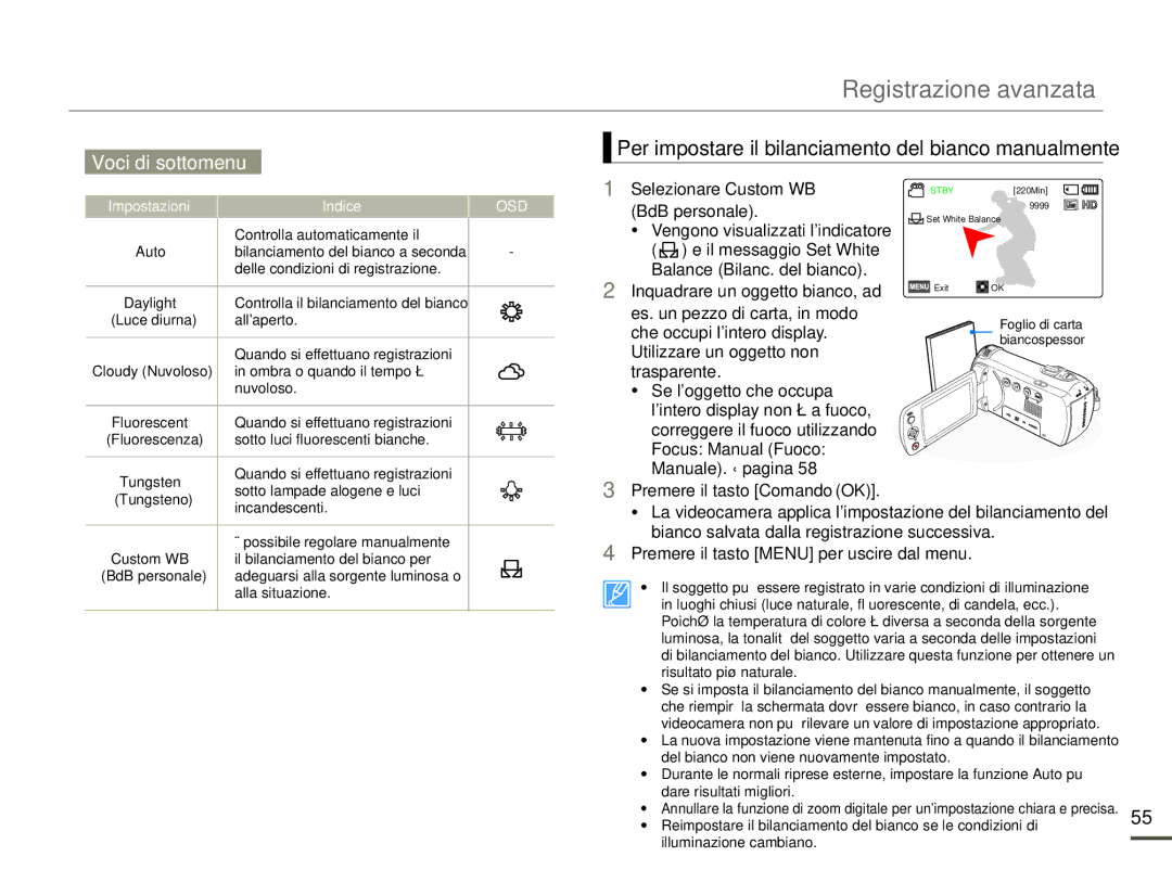 Samsung HMX-F90WP/EDC, HMX-F90BP/EDC Per impostare il bilanciamento del bianco manualmente 