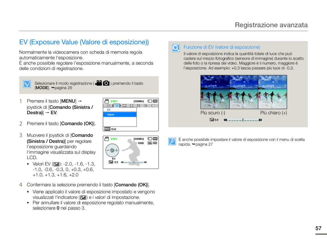 Samsung HMX-F90WP/EDC manual EV Exposure Value Valore di esposizione, Funzione di EV valore di esposizione, Più scuro 