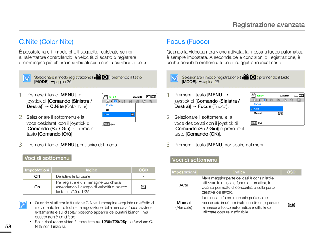 Samsung HMX-F90BP/EDC, HMX-F90WP/EDC manual Nite Color Nite Focus Fuoco, Premere il tasto Menu  