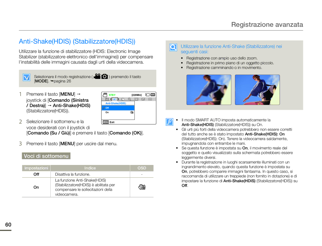 Samsung HMX-F90BP/EDC manual Anti-ShakeHDIS StabilizzatoreHDIS, Premere il tasto Menu  Joystick di Comando Sinistra 