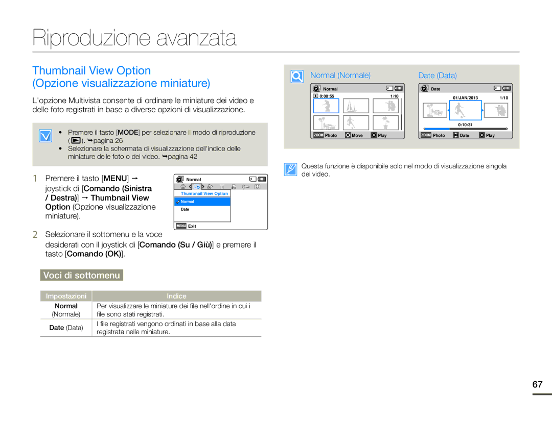 Samsung HMX-F90WP/EDC, HMX-F90BP/EDC manual Riproduzione avanzata, Thumbnail View Option Opzione visualizzazione miniature 