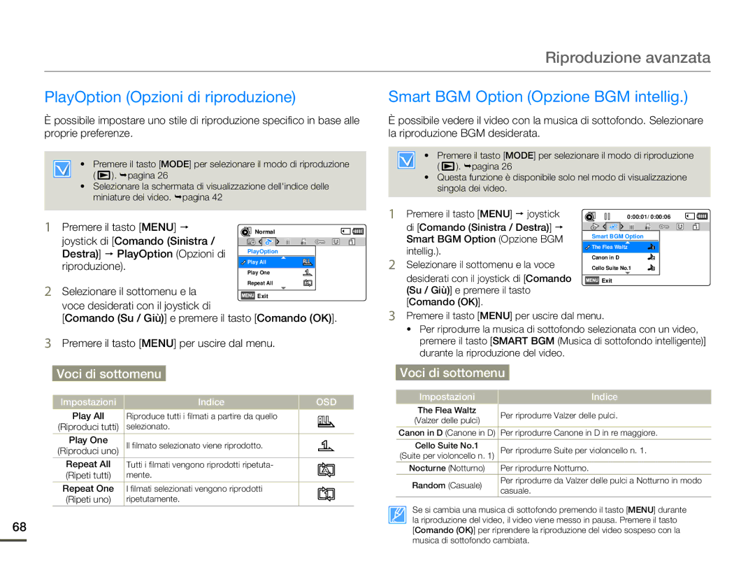 Samsung HMX-F90BP/EDC Riproduzione avanzata, PlayOption Opzioni di riproduzione, Smart BGM Option Opzione BGM intellig 