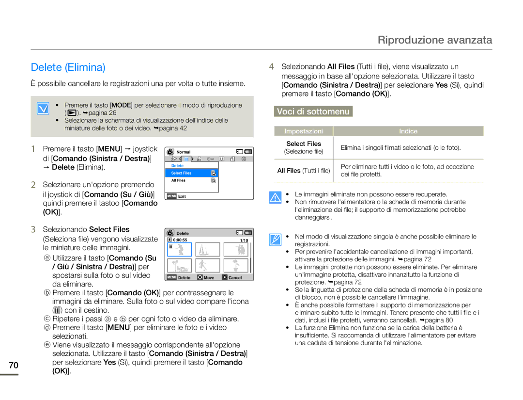 Samsung HMX-F90BP/EDC manual Delete Elimina, Selezionando All Files Tutti i file, viene visualizzato un, Selezionati 