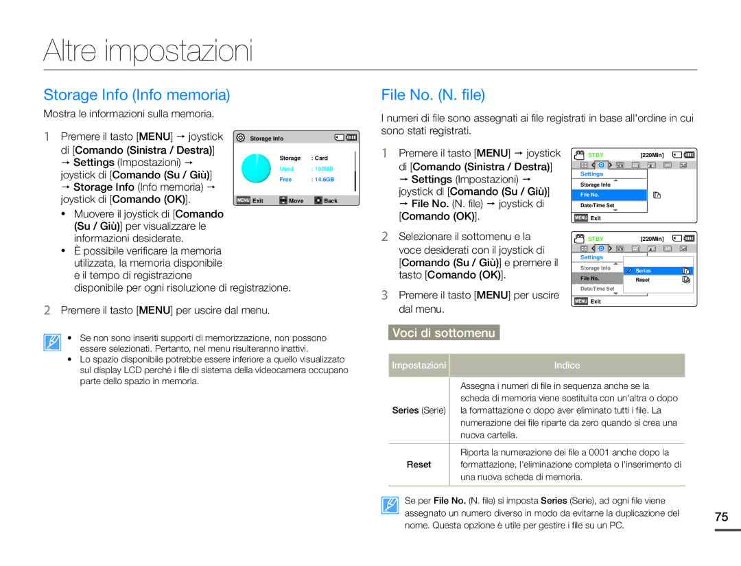 Samsung HMX-F90WP/EDC Altre impostazioni, Storage Info Info memoria File No. N. file, Mostra le informazioni sulla memoria 