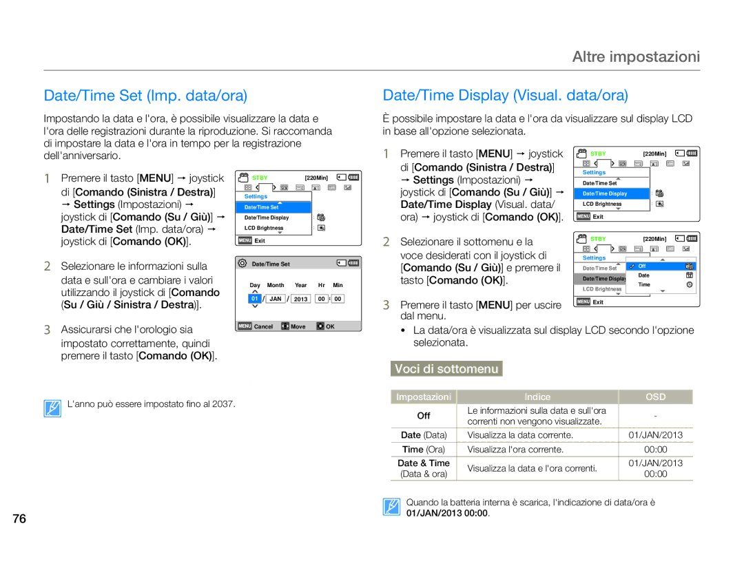 Samsung HMX-F90BP/EDC, HMX-F90WP/EDC Altre impostazioni, Date/Time Set Imp. data/ora, Date/Time Display Visual. data/ora 