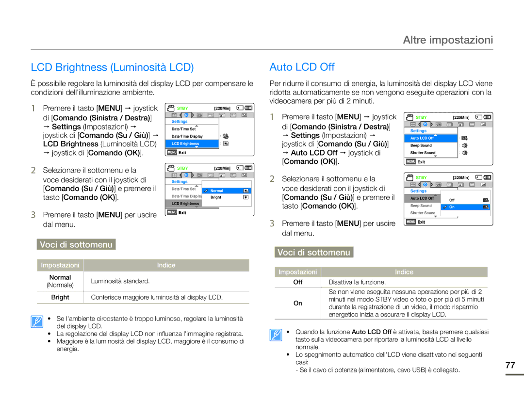 Samsung HMX-F90WP/EDC, HMX-F90BP/EDC manual LCD Brightness Luminosità LCD, Auto LCD Off 