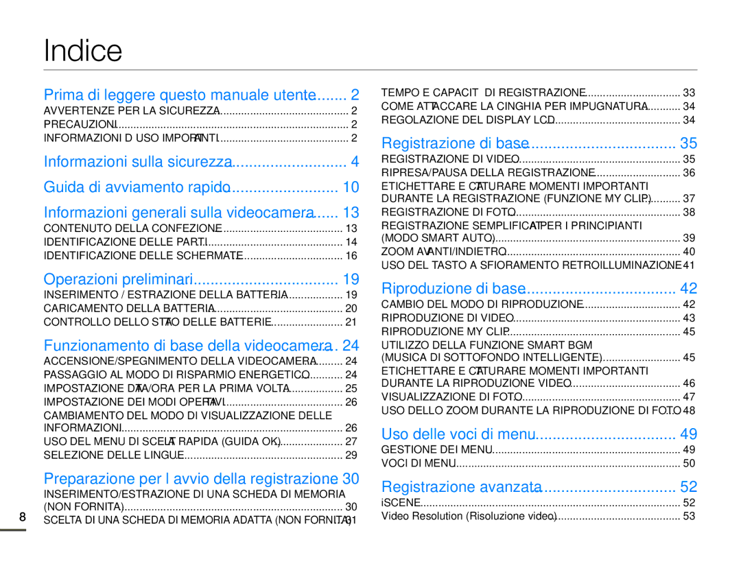 Samsung HMX-F90BP/EDC, HMX-F90WP/EDC Indice, Prima di leggere questo manuale utente 