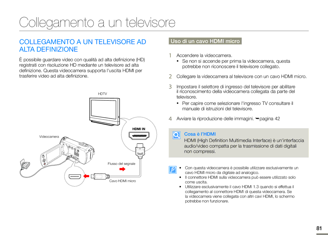 Samsung HMX-F90WP/EDC manual Collegamento a un televisore, Collegamento a UN Televisore AD Alta Definizione, Cosa è l’HDMI 