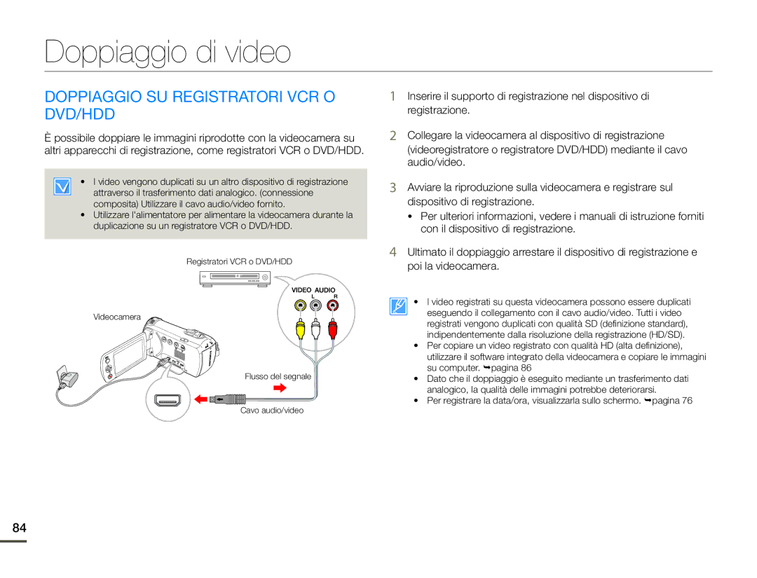 Samsung HMX-F90BP/EDC, HMX-F90WP/EDC manual Doppiaggio di video, Doppiaggio SU Registratori VCR O DVD/HDD 