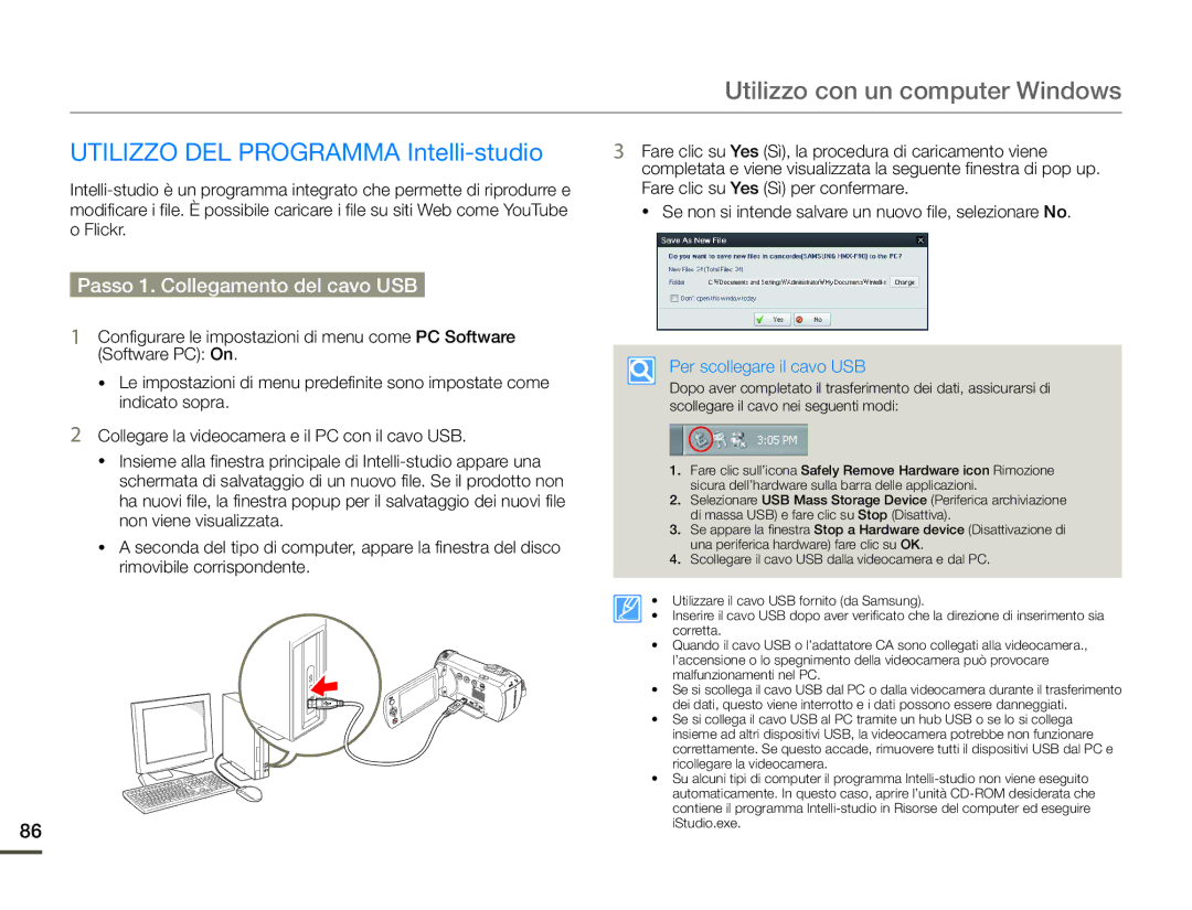 Samsung HMX-F90BP/EDC Utilizzo con un computer Windows, Utilizzo DEL Programma Intelli-studio, Per scollegare il cavo USB 