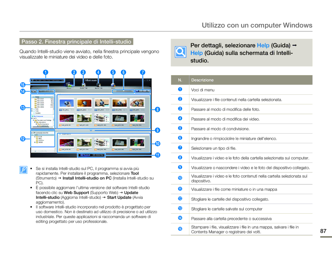 Samsung HMX-F90WP/EDC, HMX-F90BP/EDC manual Passo 2. Finestra principale di Intelli-studio, Descrizione 