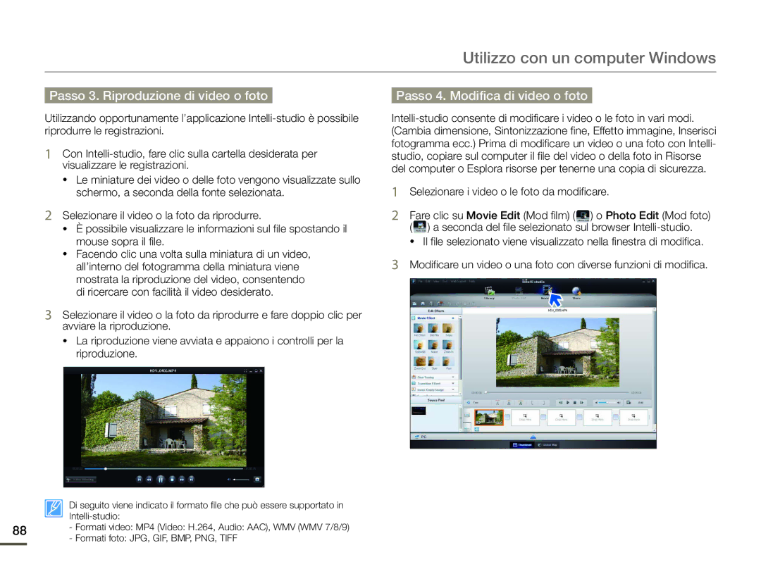 Samsung HMX-F90BP/EDC, HMX-F90WP/EDC manual Passo 3. Riproduzione di video o foto, Passo 4. Modifica di video o foto 