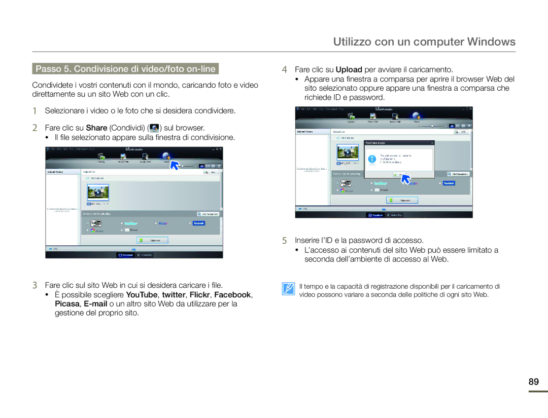 Samsung HMX-F90WP/EDC, HMX-F90BP/EDC manual Passo 5. Condivisione di video/foto on-line 