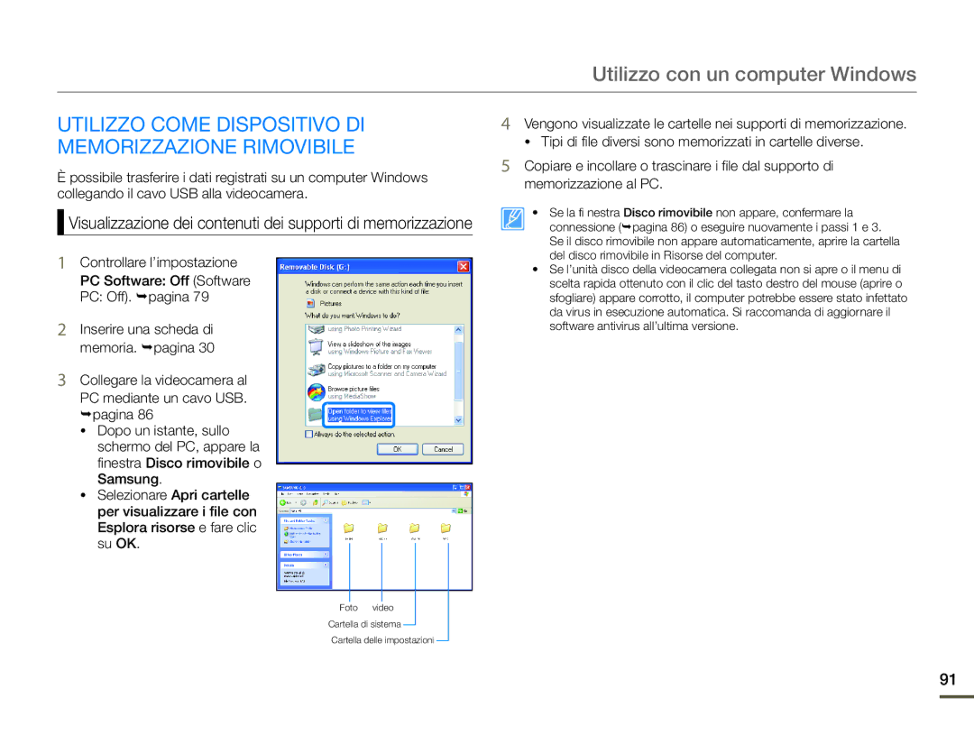 Samsung HMX-F90WP/EDC, HMX-F90BP/EDC manual Utilizzo Come Dispositivo DI Memorizzazione Rimovibile 