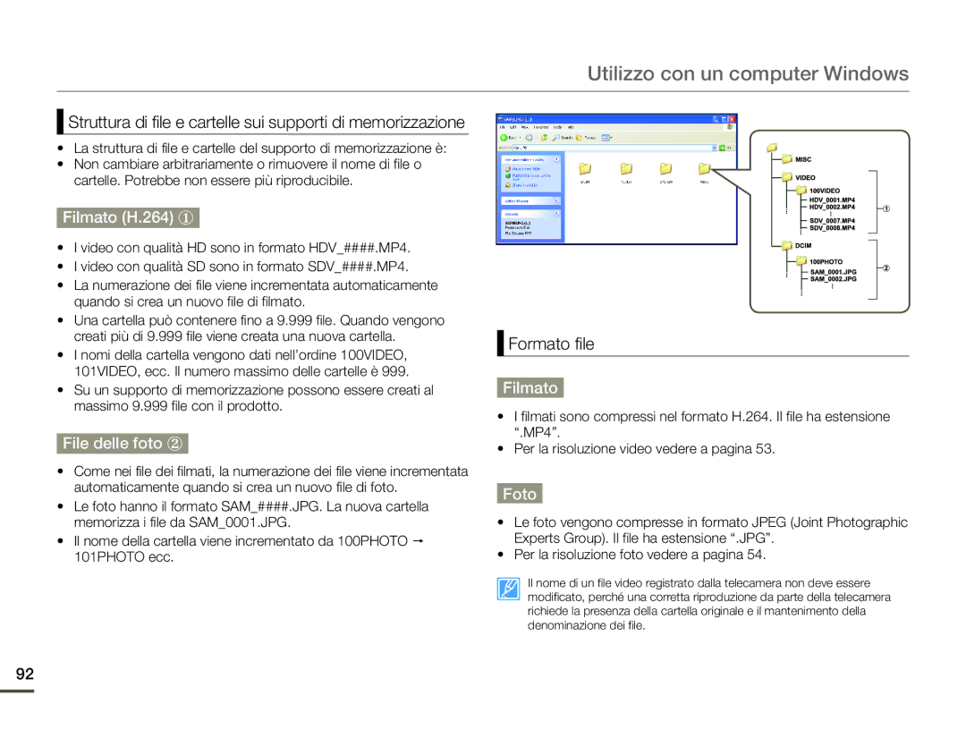 Samsung HMX-F90BP/EDC, HMX-F90WP/EDC manual Filmato H.264 ①, File delle foto ②, Foto 