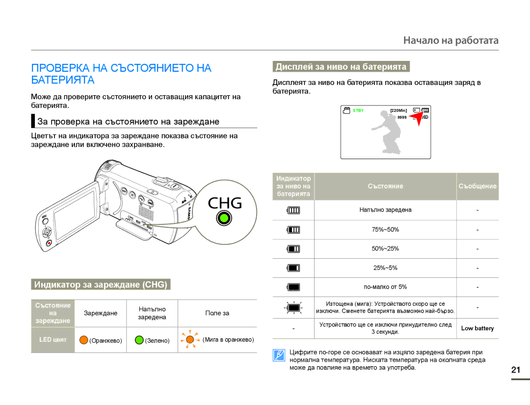 Samsung HMX-F90WP/EDC, HMX-F90BP/EDC manual Проверка НА Състоянието НА, Батерията, За проверка на състоянието на зареждане 