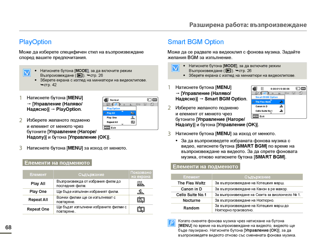 Samsung HMX-F90BP/EDC manual Разширена работа възпроизвеждане, PlayOption, Smart BGM Option, Изберете желаното подменю 